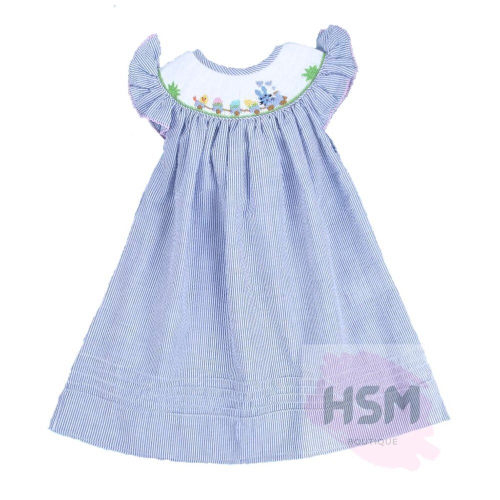 🐇Pinstripe Seersucker Embroidered Smocked Bunny Train Bishop Dress Blue 1622